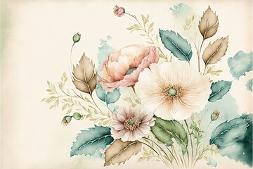 a painting of flowers and leaves on a white background with a green border around the edges of the image and a pink flower on the right side of the picture, and a green,.