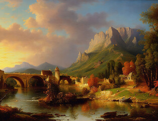 Oil on canvas of a picturesque village in the autumn, near a river with bridge