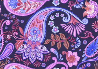 Fantasy flowers in retro, vintage, jacobean embroidery style. Paisley seamless pattern, background. Vector illustration on blue background.