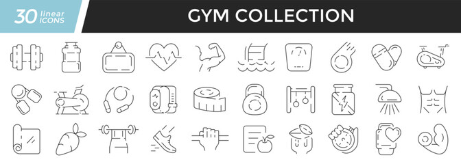 Fototapeta na wymiar GYM linear icons set. Collection of 30 icons in black