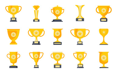 Trophy cup collection in a flat design. Set of golden award cup