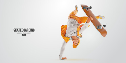 Realistic silhouette of a skateboarder on white background. The skateboarder man is doing a trick. Street skateboarding. Vector illustration © Yevheniia