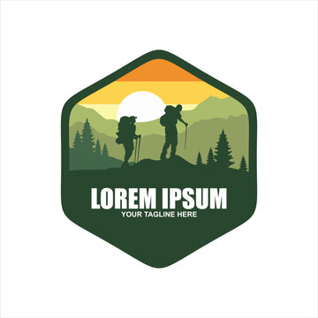 Camping, climbing logo or label. Hiking trip, hike set of icons. Lettering vector