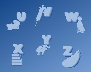 Alphabet with pictures. Graphic design for children and education. 3D pictures and letters part 4. 