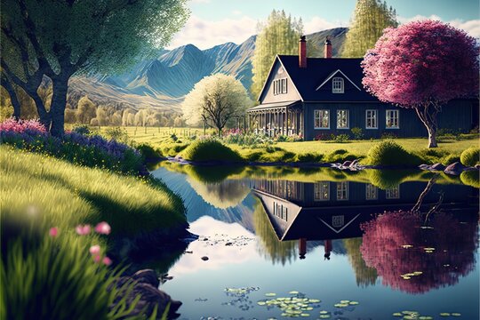 a painting of a house by a lake with a reflection of the house in the water and mountains in the background with flowers and grass in the foreground is a blue sky with a.