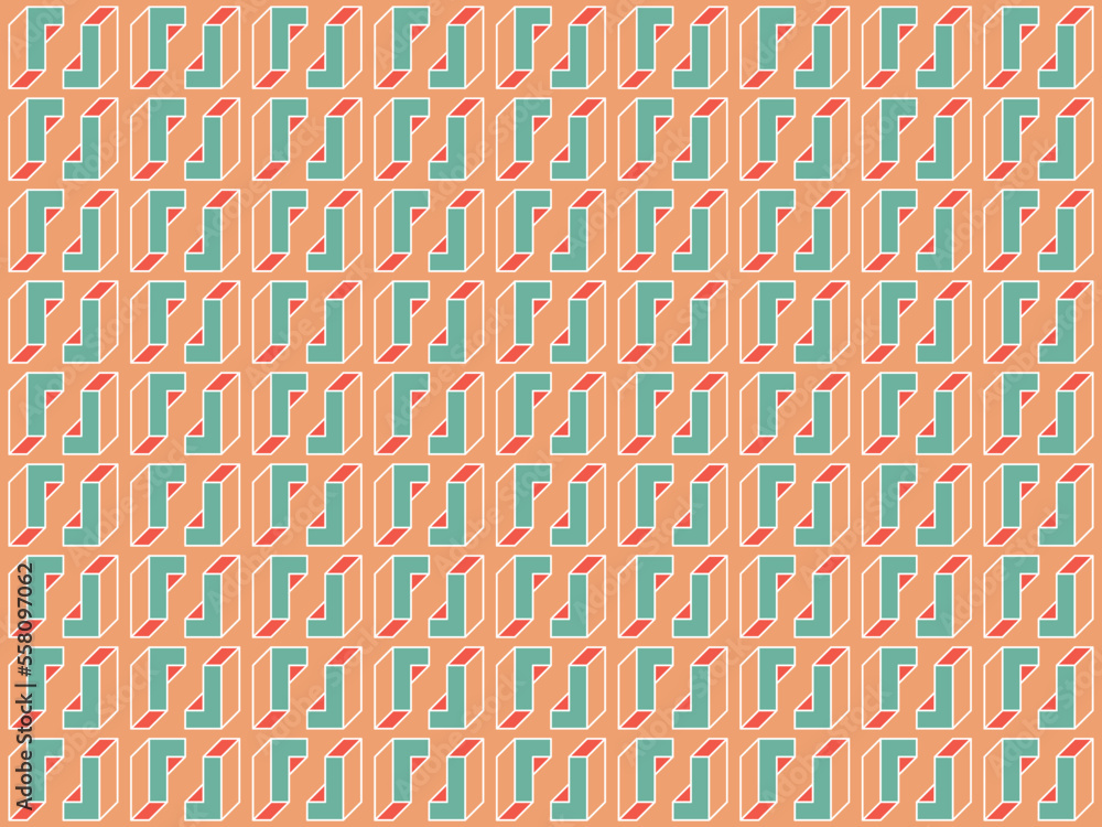 Poster orange, green and red minimalist modern style 3d seamless transparent line-art mosaic pattern, l-sha