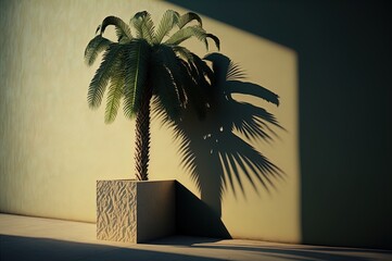 Palm tree near wall with shadow. Generative AI.