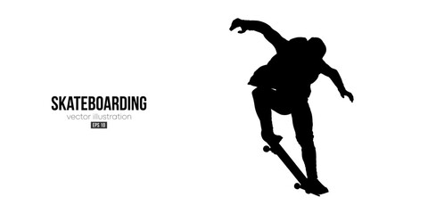 Abstarct silhouette of a skateboarder on white background. The skateboarder man is doing a trick. Street skateboarding. Vector illustration © Yevheniia