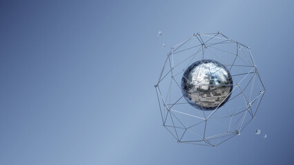 A metal sphere with a grid of glass balls around it, network, Internet, social media, 3D rendering