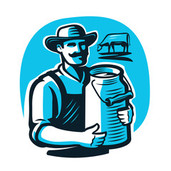 Farmer with milk can, emblem. Dairy farm, milkman, dairyman logo. Healthy organic natural food. Vector illustration