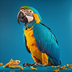 Exotic parrot on blue background with food around 