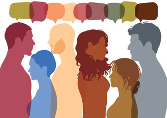 People of diverse backgrounds and speech bubbles. Vector Illustration. A group of international people are talking. Use social media to communicate. Race and communication.