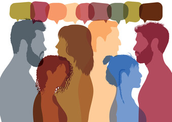 People of different ethnicities communicating. Talk about globalisation and discussion. Vector Illustration. Interactive speech bubble and dialogue group with diverse participants. 