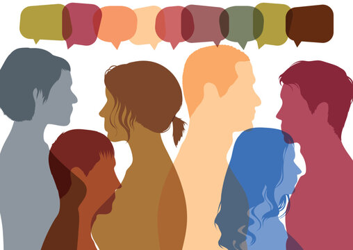 People talking in the crowd and people from different backgrounds. Communication and ideas are shared by many multi-ethnic people. Vector. A feeling of confusion. Population of diverse ethnicities. 