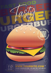 Burger Tasty Food Poster in yellow black and white colors with a real burger illustration on background