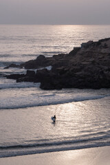 surfer walking in while its sunset on the sea