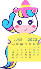The unicorn is holding a calendar for the month of June 2023.