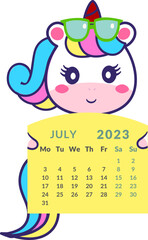 The unicorn is holding a calendar for the month of July 2023.
