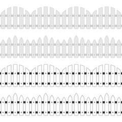 Different types seamless wooden fence. Set of garden fences isolated on white background. Simple boards silhouette construction in flat style. Vector illustration. EPS 10.
