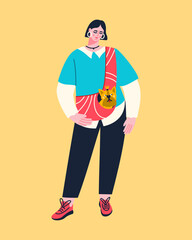 Young woman with her pet sitting in a portable shoulder handbag. Female owner with a little dog in a carrying bag. Vector flat illustration