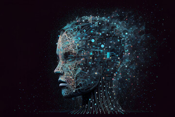 Neural network of big data and artificial intelligence circuit board in the head and face of a blue woman outlining concepts of a digital brain, computer Generative AI stock illustration image