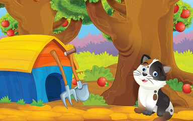 cartoon cat on the farm in garden illustration