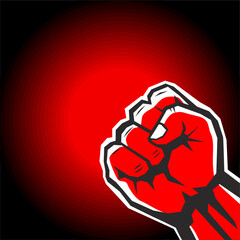 Raised clenched fist on red background. Vector design element in retro style