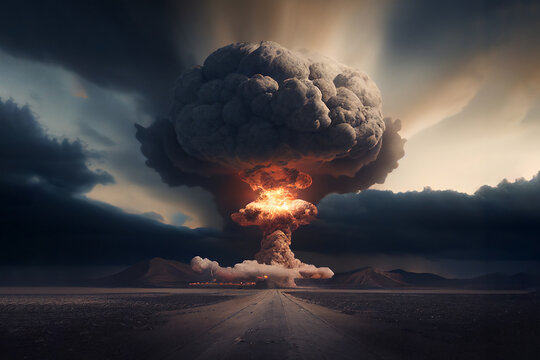 Nuclear explosion of an atom bomb with a mushroom cloud causing an apocalyptic Armageddon  through the use of a weapon of mass destruction, computer Generative AI stock illustration image