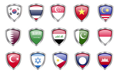 flag in Metal shield frame silver steel metallic 3D icons sign design