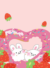 Happy Valentine's Day celebration  vector ilustration card or love greeting card. Couple of two cute cartoon bunnies sharing a pink donut together. Adorable love card, greeting or birthday card. 