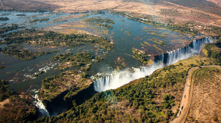 Magnificent aerial image of Zambezi river and Vitoria Falls, Zimbabwe