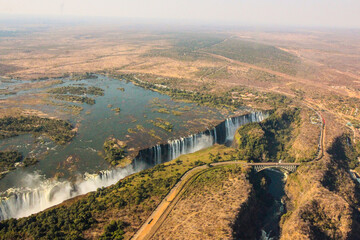 Magnificent aerial image of Beit Bridge,  Zambezi river and Vitoria Falls, Zimbabwe