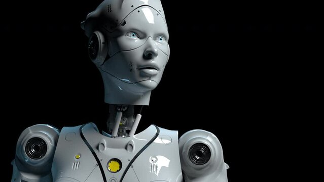 White android looks around in the distance Animation on the theme of artificial intelligence and technology. alpha channel