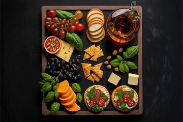 a wooden tray topped with cheese.