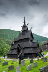 Fototapeta na wymiar The ancient wooden church of Borgund, stavkirke more than 800 years old, Norway