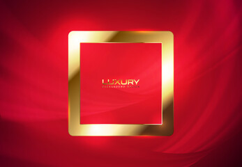 Square glossy luxury golden frame. Border for logo, name, label. Realistic gold frame, luxury red abstract background flow pattern design. Vector template of business web banner, invitation, voucher