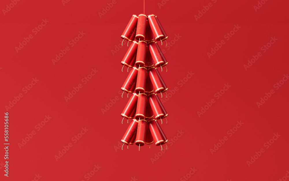 Poster a string of firecrackers with red background, 3d rendering.