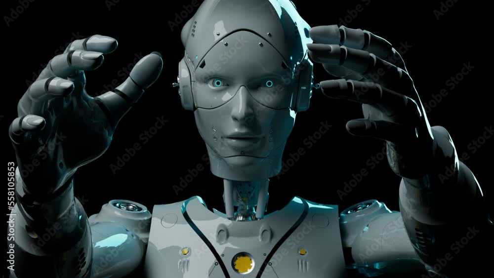 Wall mural white android looks into the camera with outstretched arms animation on the theme of artificial inte