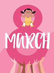 8 march celebration poster vector illustration. International women's day celebration. Group of women carrying together the number 8 and a little girl in a flat cartoon vector style.