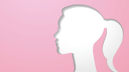 Woman profile portrait paper cut banner vector illustration with copy space. 8 march international women's day banner.