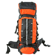 Large black tourist backpack with orange inserts, 80 liters capacity, isolate