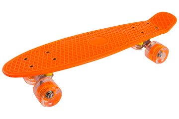 Orange skateboard with transparent silicone wheels, side view, isolate - obrazy, fototapety, plakaty