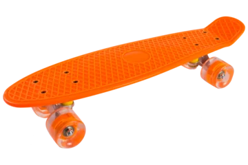 Afwasbaar fotobehang Orange skateboard with transparent silicone wheels, side view, isolate © aneduard