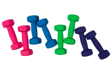 Four pairs of dumbbells of different colors, laid out in a row, on a white background, flat lay, isolate