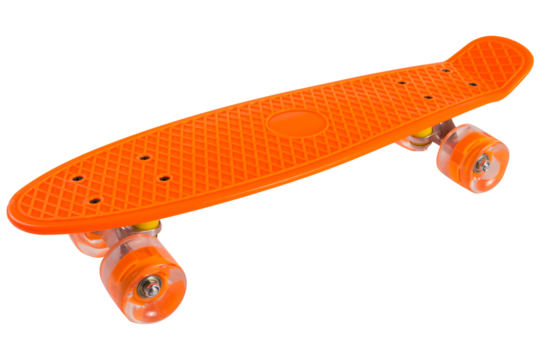 Orange skateboard with transparent silicone wheels, side view, isolate