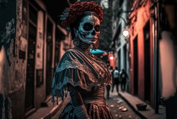 Fototapeta na wymiar illustration of a woman wear make up and dress in skull , Day of the Dead or Día de los Muertos