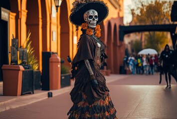 Naklejka premium illustration of a woman wear make up and dress in skull , Day of the Dead or Día de los Muertos 