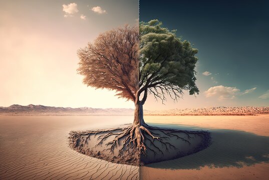 illustration of a tree half drought half green, idea for environmental preservation theme 