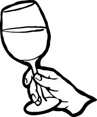 Hand holding glass of wine to cheers and celebrate Christmas, New Year, birthday, wedding. Hand drawn illustration, decorative element for winery, bar, restaurant. Cartoon style line vector drawing.