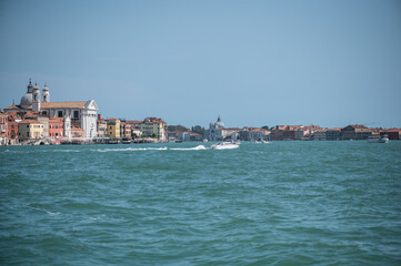 Life in Venezia, in the port with ships, boats and gondolas, lovely place, grand Canal in the summer, poster visual